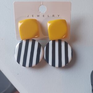 Bold Retro Statement Earrings – Yellow & Black Striped Geometric Drops